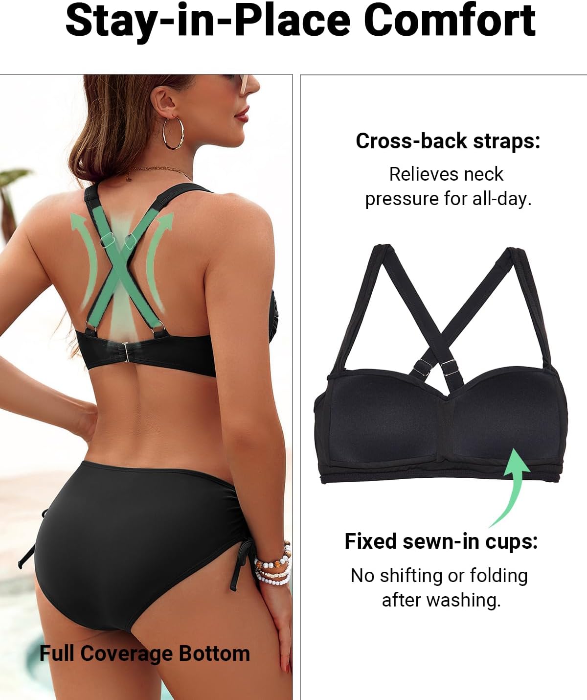 Women Two Piece Swimsuit - Push Up Bikini Set Criss Cross Bathing Suit Drawstring Mid Waist Bottom Swimwear