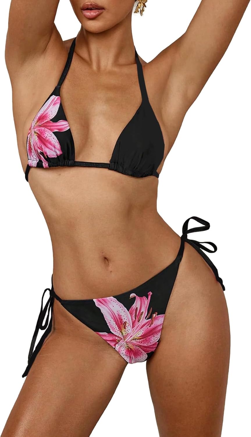 Women' 2-Piece Print Swimsuit Halter Triangle Bikini Top &amp Tie-Side Bottom