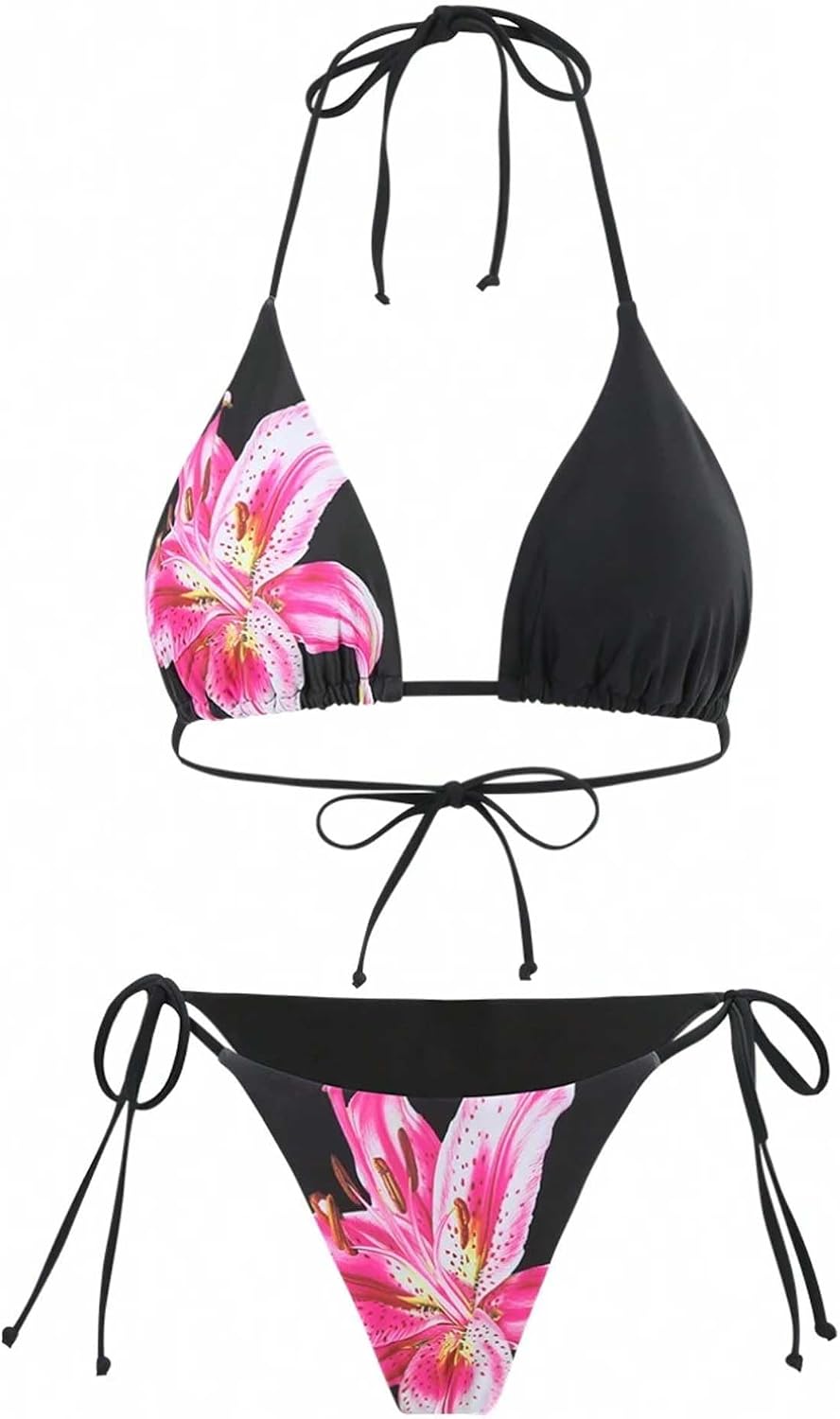 Women's 2-Piece Print Swimsuit Halter Triangle Bikini Top & Tie-Side Bottom Women's 2-Piece Print Swimsuit Halter Triangle Bikini Top & Tie-Side Bottom