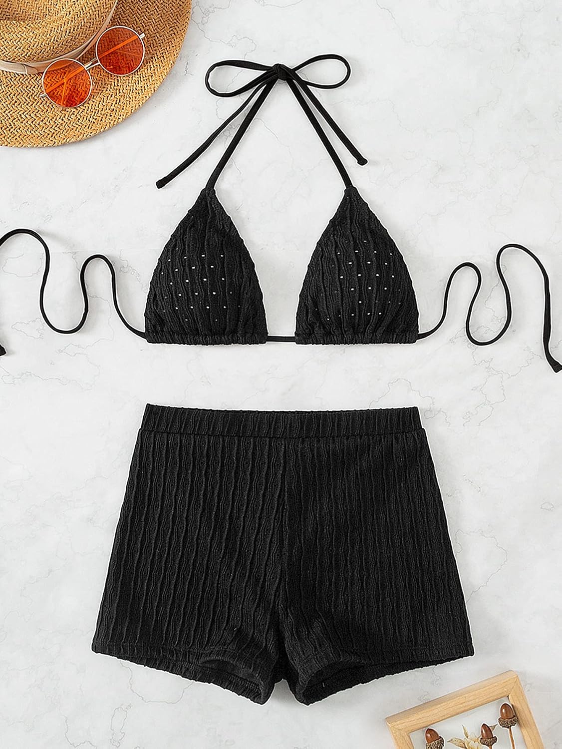 Women's 2 Piece Swimsuits Halter Triangle Top with High Waisted Shorts Bathing Suits Bikini Sets