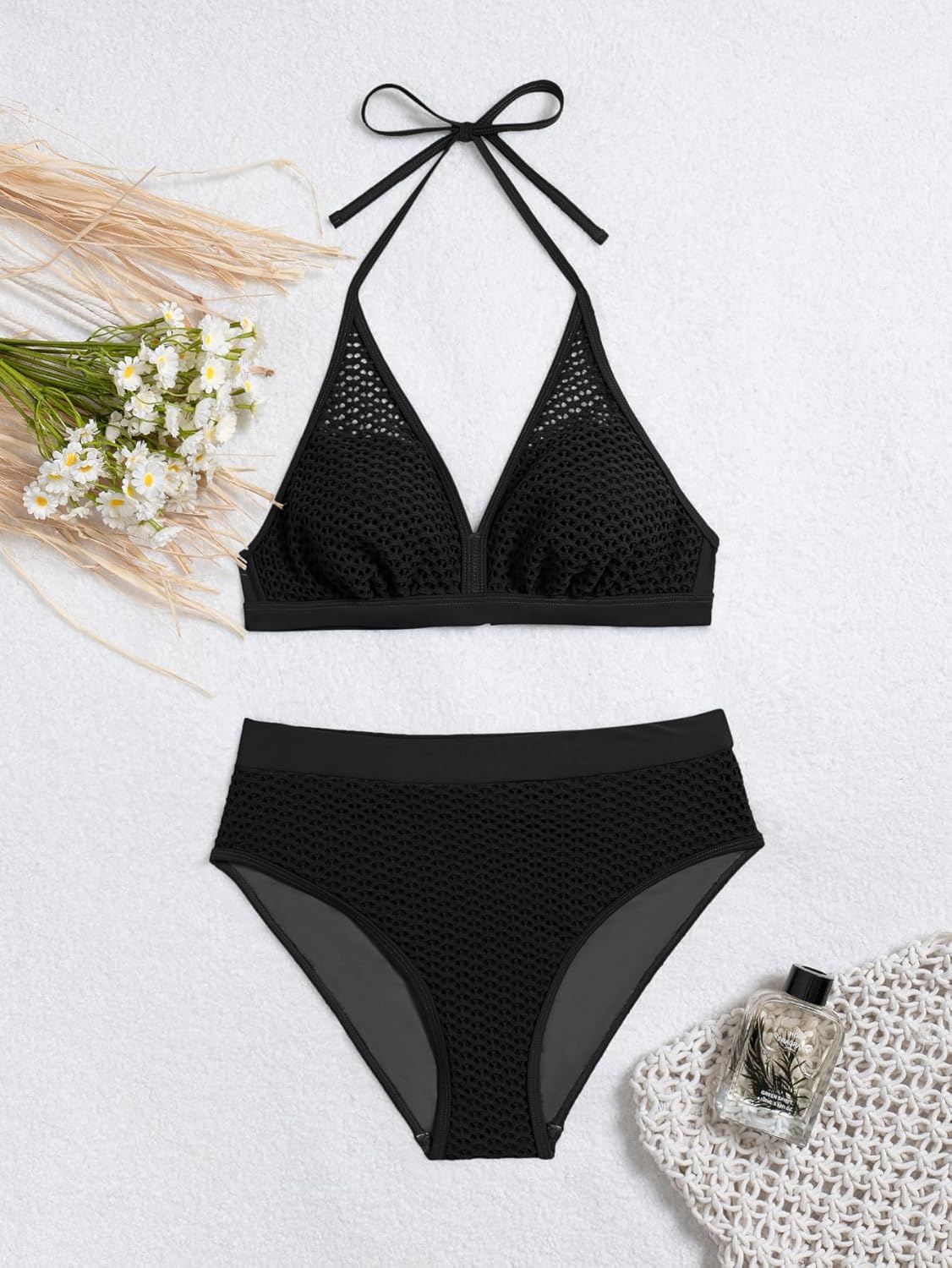Bikini Sets for Women Halter V Neck Two Piece Swimsuit Mid Rise Textured Bathing Suits