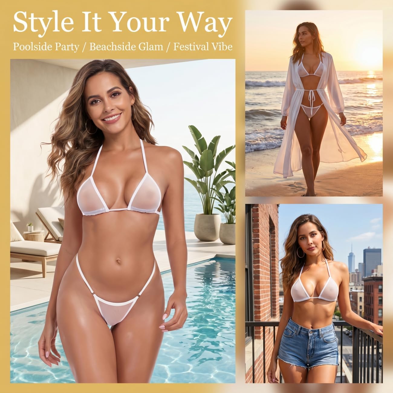 Women Swxy Sheer Bikini Set Triangle See Through Extreme G String Bikinis