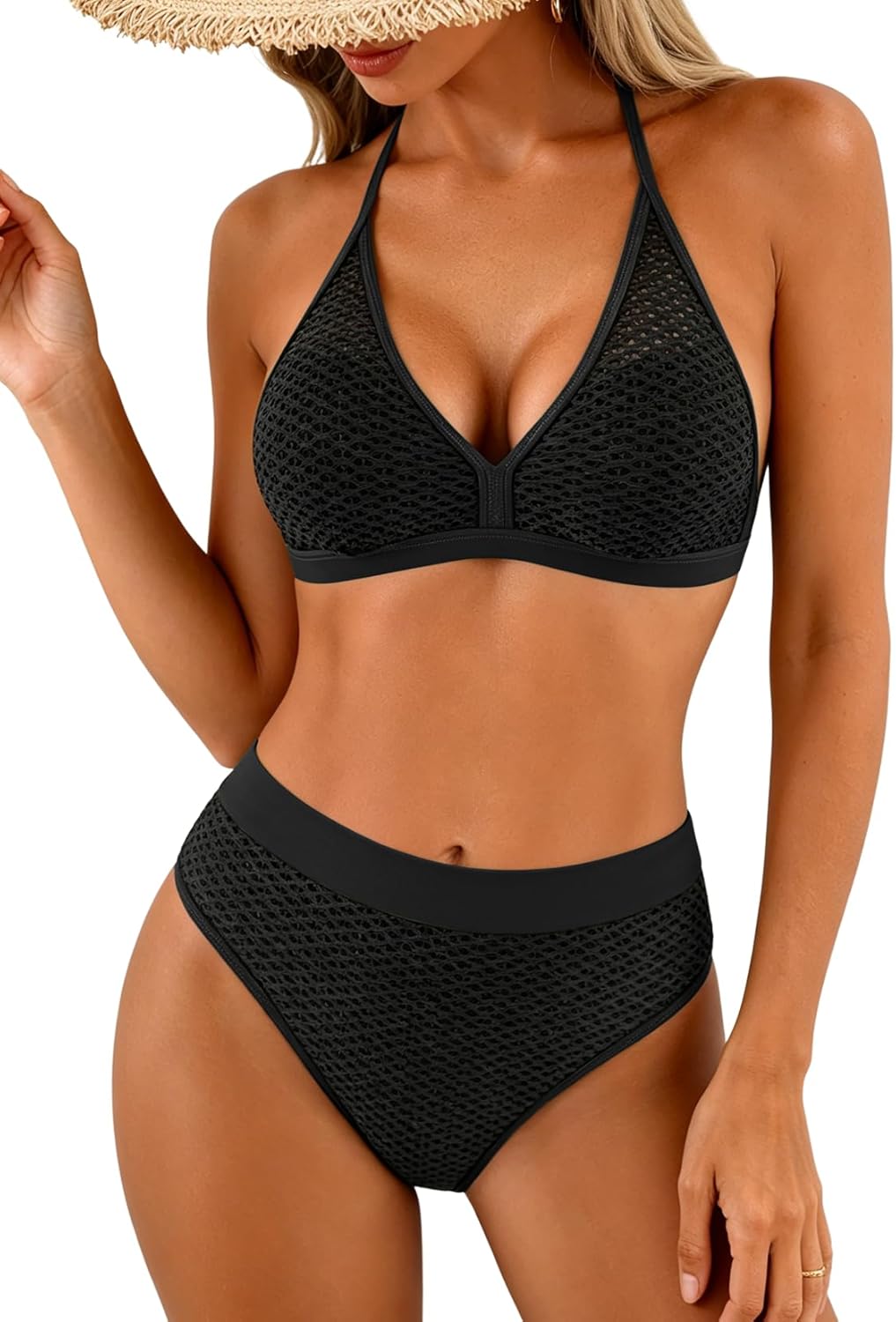 Bikini Sets for Women Halter V Neck Two Piece Swimsuit Mid Rise Textured Bathing Suits