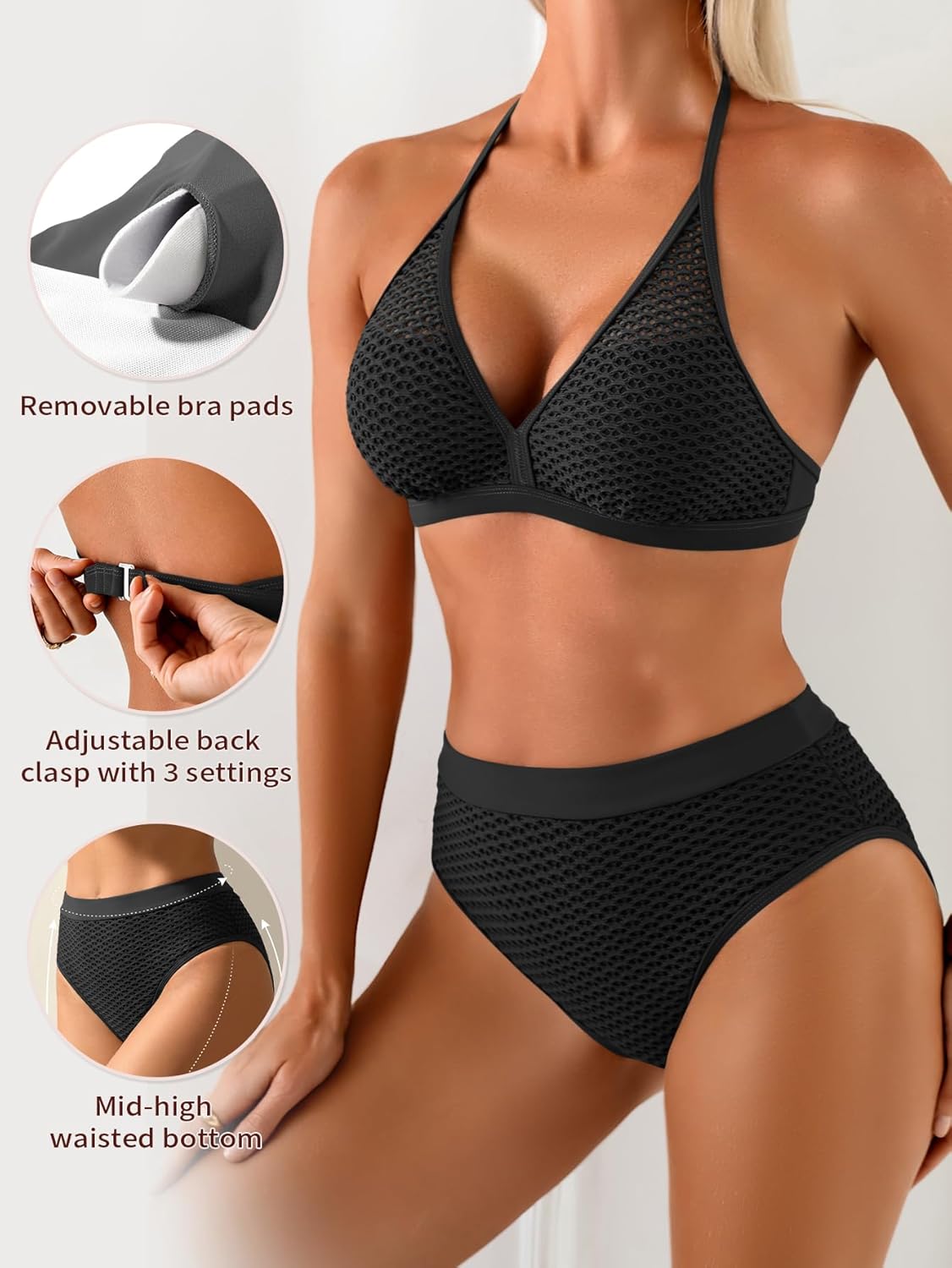 Bikini Sets for Women Halter V Neck Two Piece Swimsuit Mid Rise Textured Bathing Suits