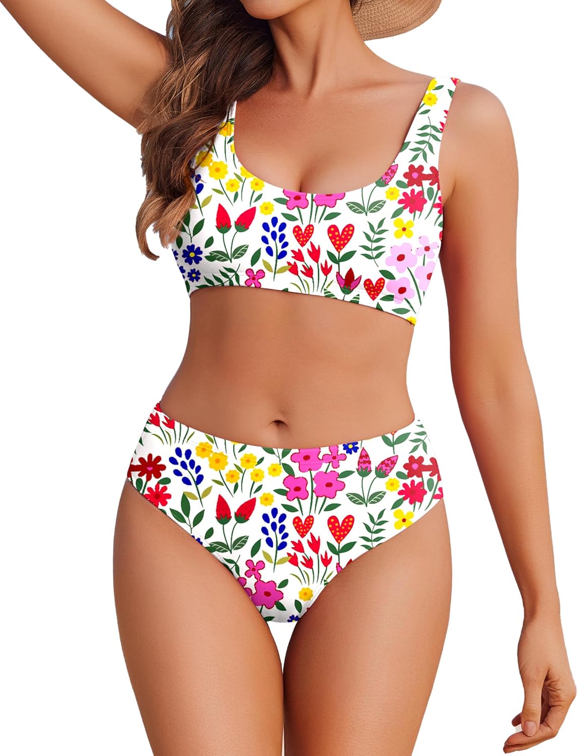 Women Ribbed Bikini Sets Sporty Swimsuits Scoop Neck Two Piece Bathing Suits High Cut Bikini