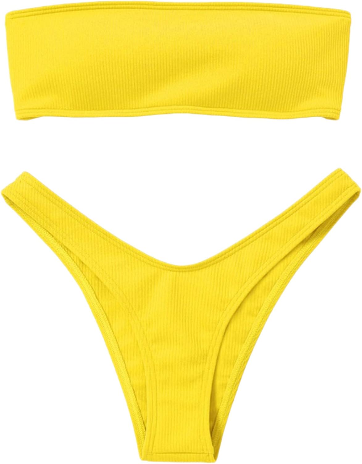 Women's Ribbed Bandeau Bikini Sets Strapless Non Slip Tube Top Two Piece Swimsuits V Cut Thong Cheeky Brazilian Bathing Suits