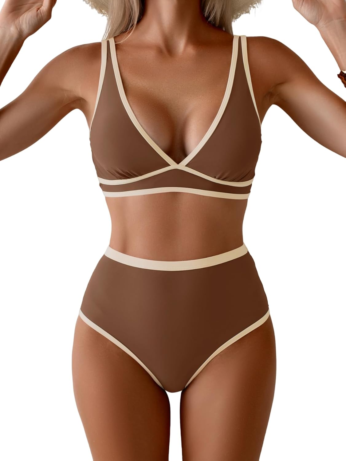 Women' High Waisted Bikini Sets Two Piece Block Triangle Swimsuits Sexy V Neck Bathing Suits