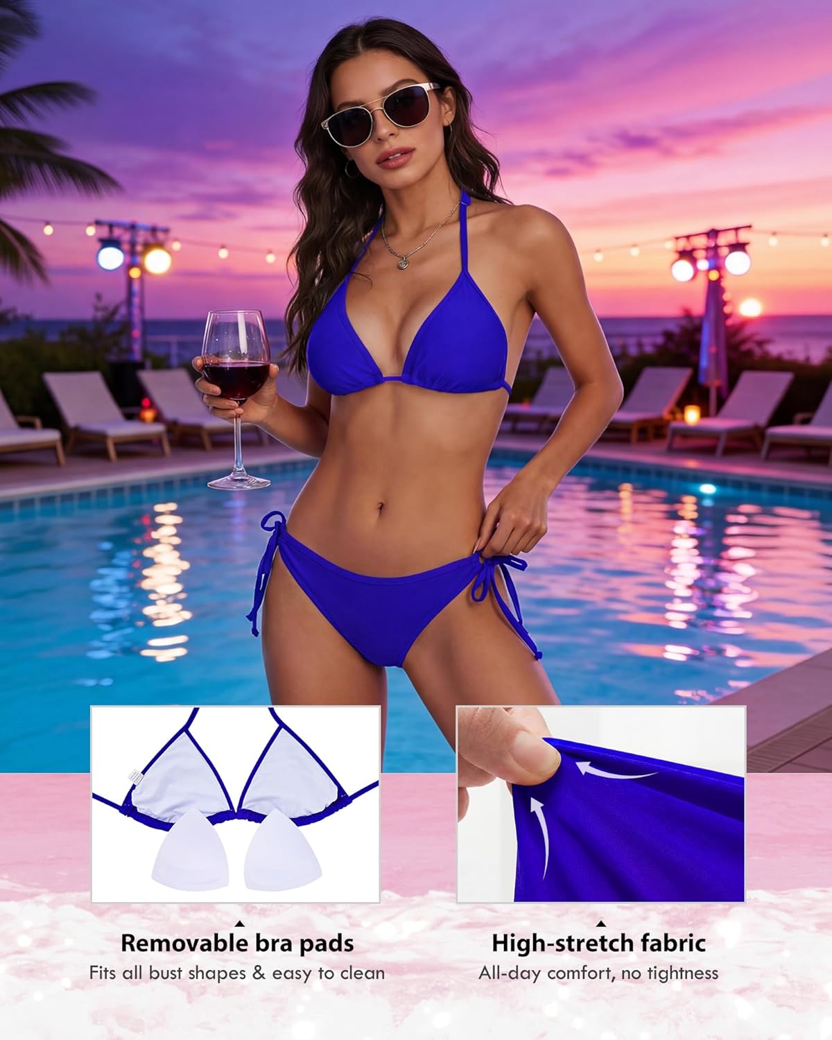 Women's String Triangle Halter Bikini Set-2 Piece Swimsuit Ties Removable Pads&amp Quick-Dry Fabric