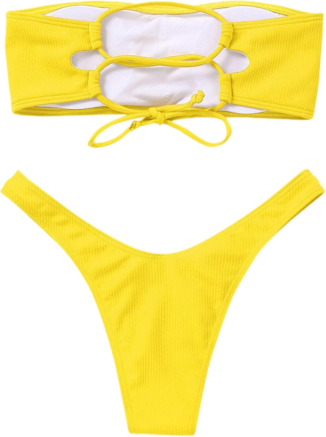 Women's Ribbed Bandeau Bikini Sets Strapless Non Slip Tube Top Two Piece Swimsuits V Cut Thong Cheeky Brazilian Bathing Suits