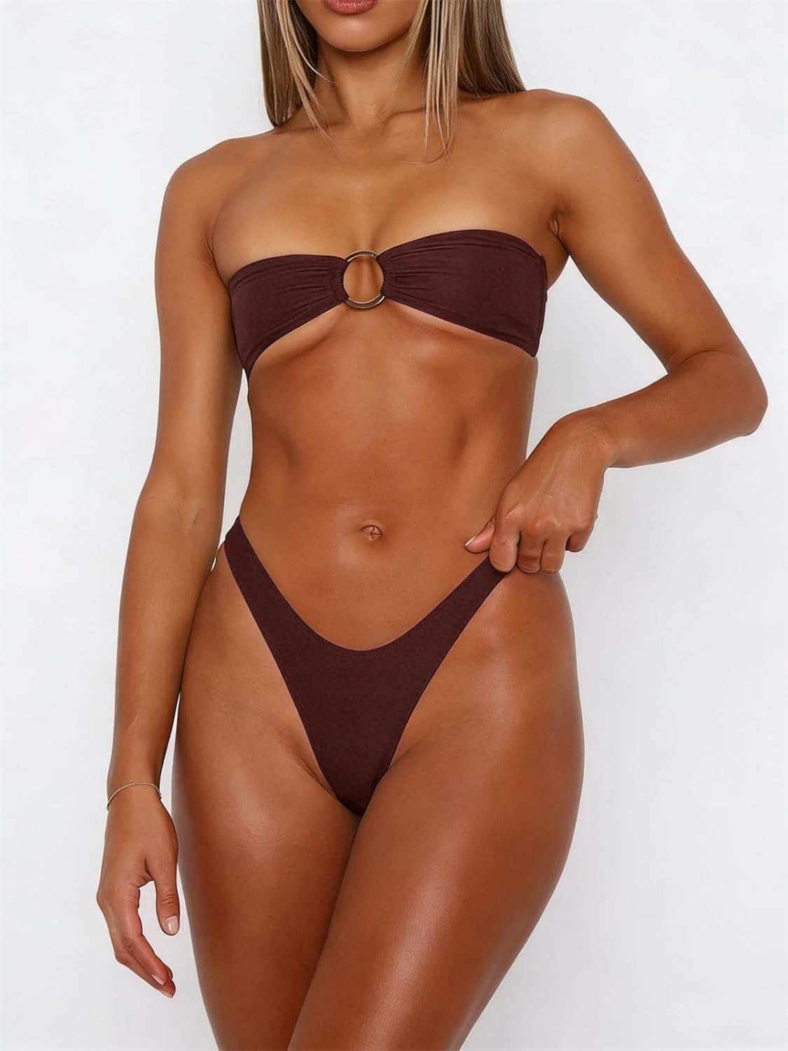 Women Bandeau Bikini Set O Ring Strapless Tie Back Bikini Top High Cut Cheeky Thong Bathing Suit