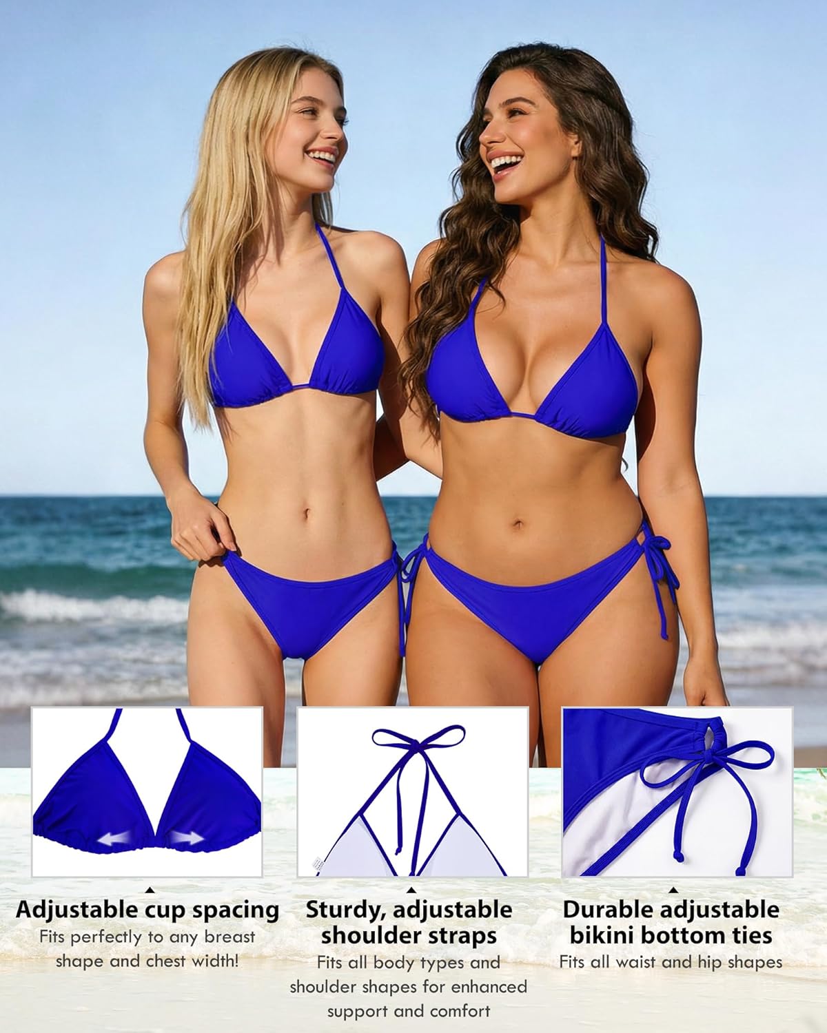 Women's String Triangle Halter Bikini Set-2 Piece Swimsuit Ties Removable Pads&amp Quick-Dry Fabric