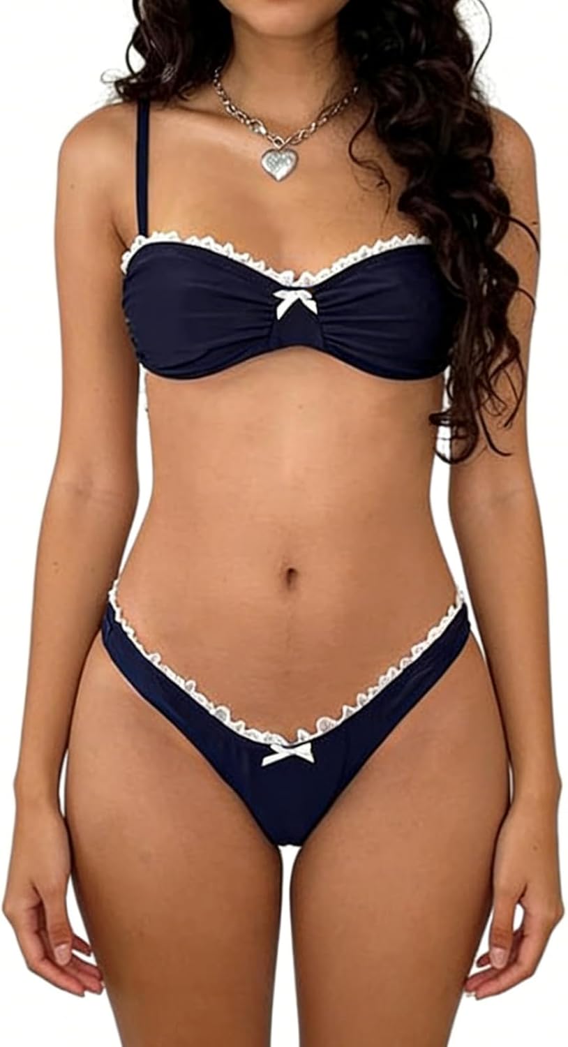 Women Y2k Bikinis Sets Coquette Aesthetic Bows Halter Tie Up Bikini Top High Cut Elastic Waist Bikini Bottom