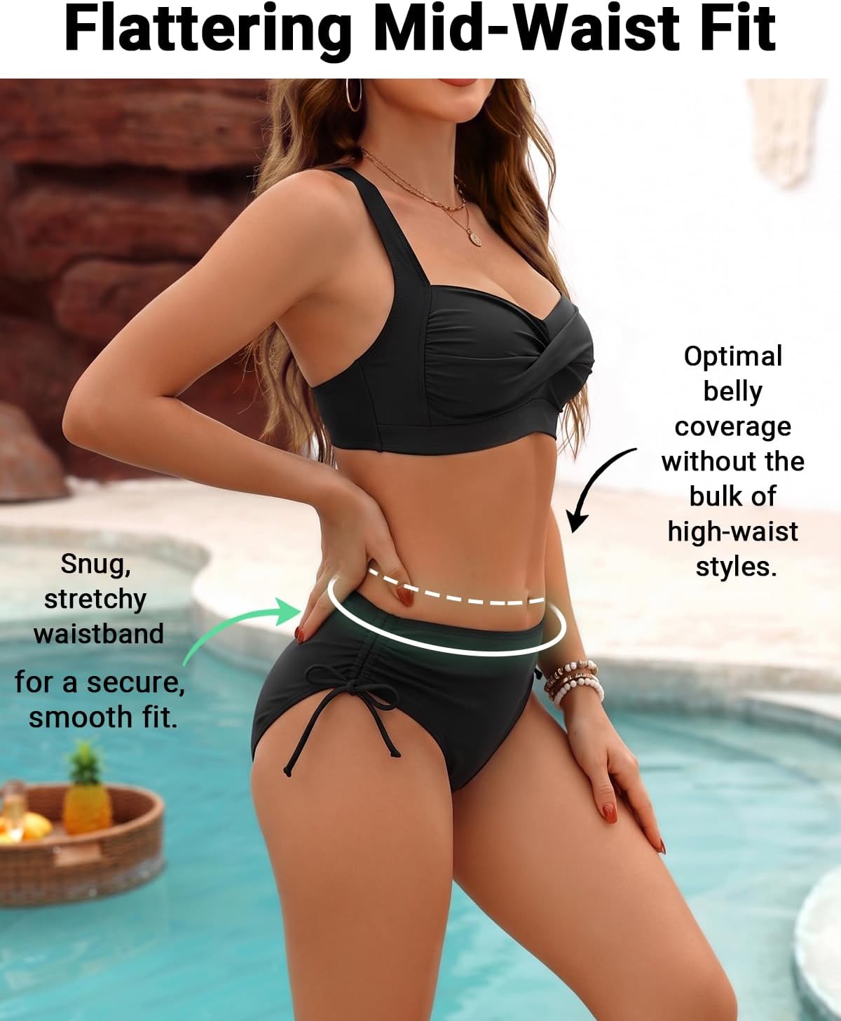 Women Two Piece Swimsuit - Push Up Bikini Set Criss Cross Bathing Suit Drawstring Mid Waist Bottom Swimwear