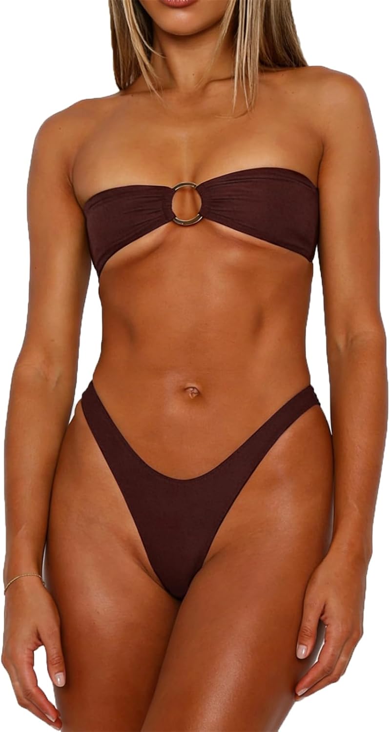 Women Bandeau Bikini Set O Ring Strapless Tie Back Bikini Top High Cut Cheeky Thong Bathing Suit