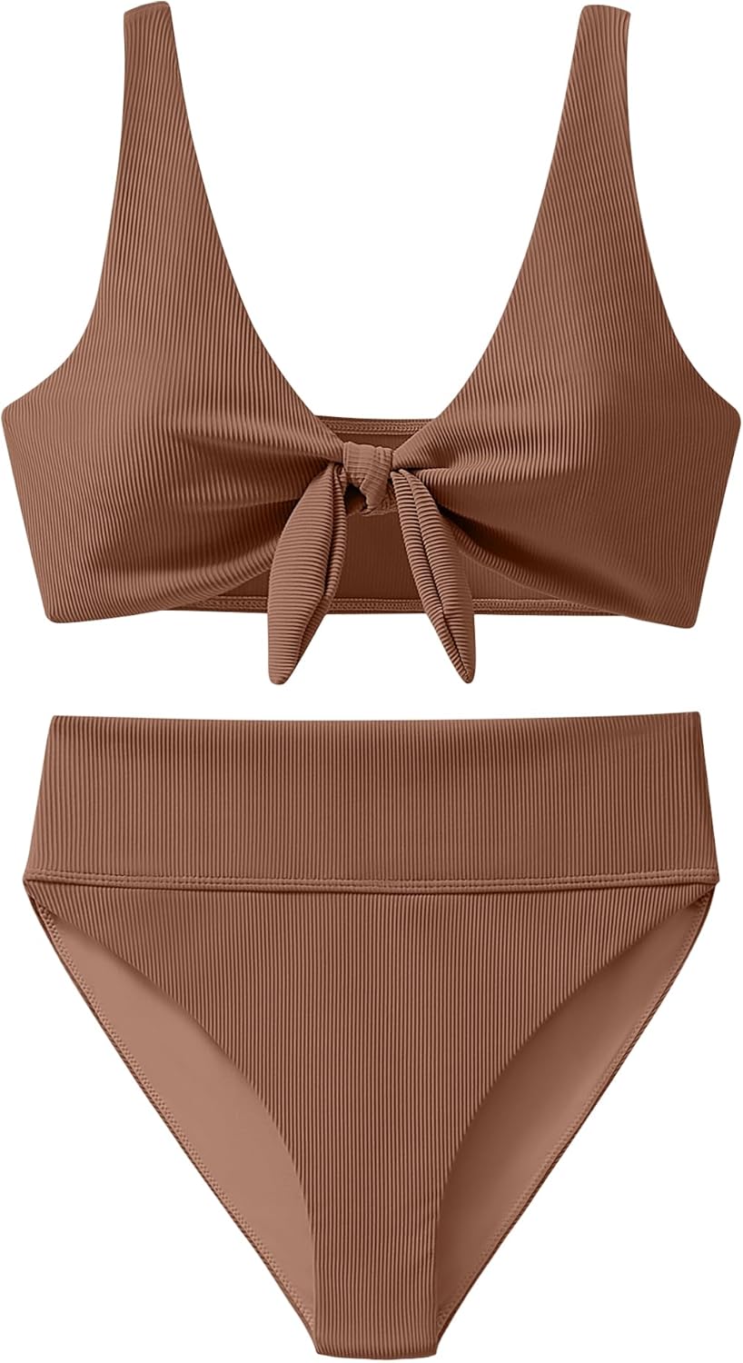 Bikini Sets for Women Summer High Waisted 2 Piece Bathing Suit Ribbed Tie Knot Swimsuit Beach Vacation Swimwear