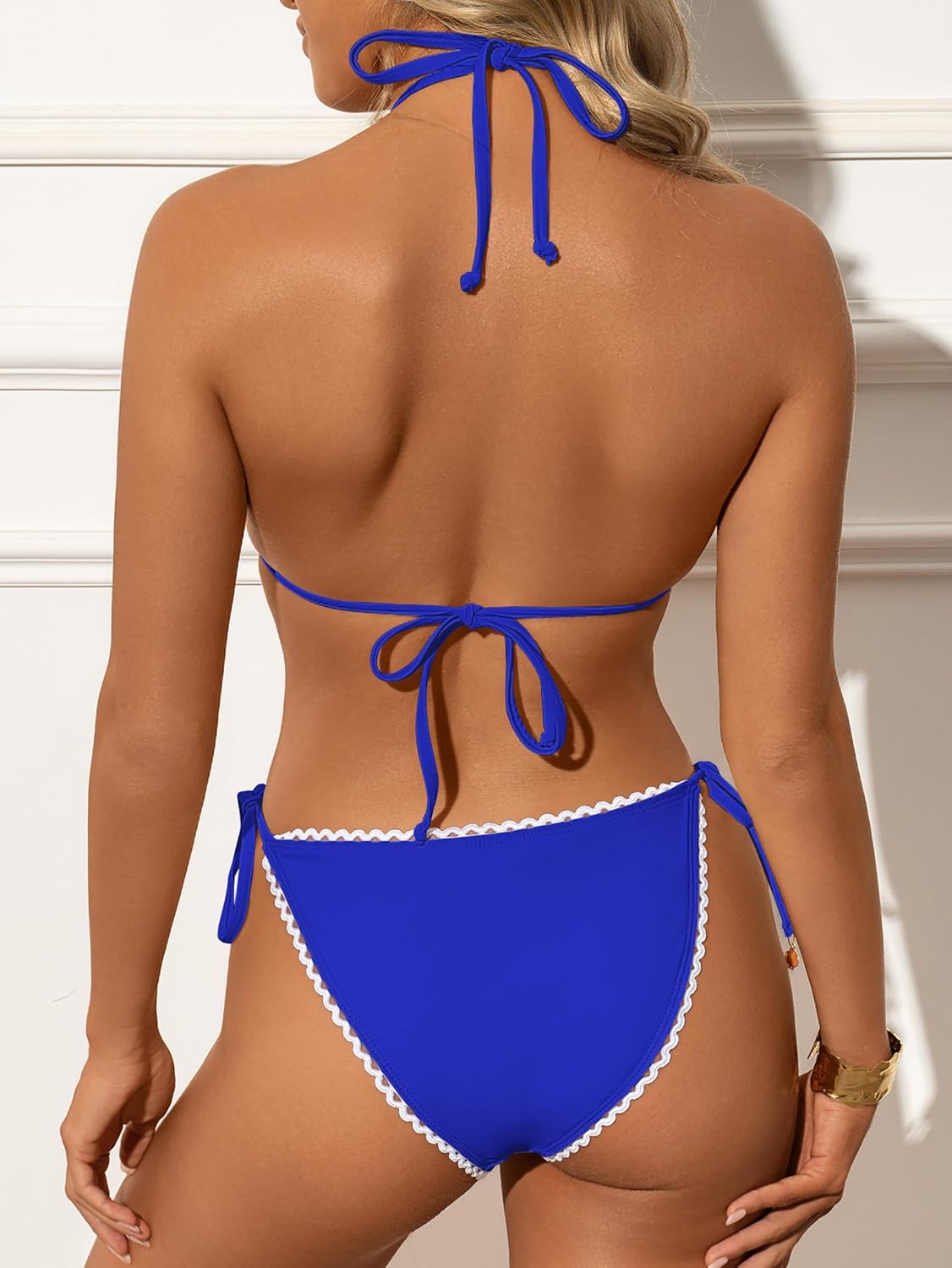 Women's Triangle Bikini Sets Sexy Halter String Two Piece Swimsuits Tie Trim Bathing Suit Trendy Beach Swimwear