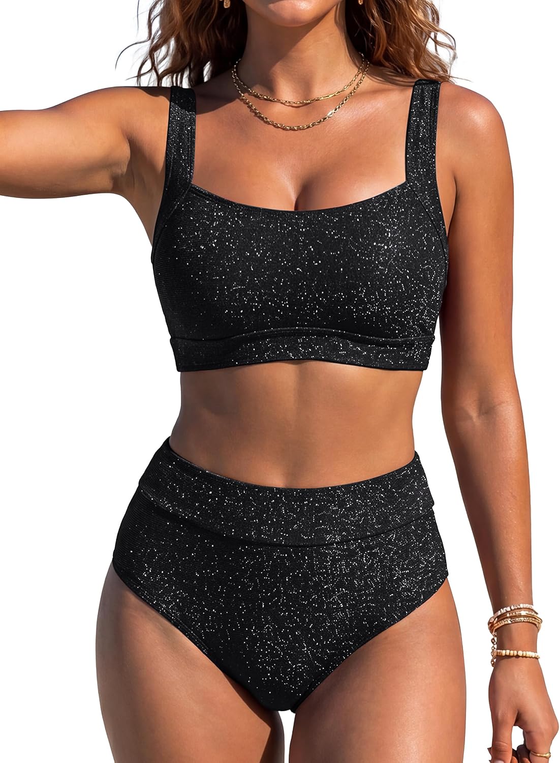 Womens Sparkly High Waisted Bikini Sets Tummy Control Swimsuit Modest 2 Piece Full Coverage Bathing Suit