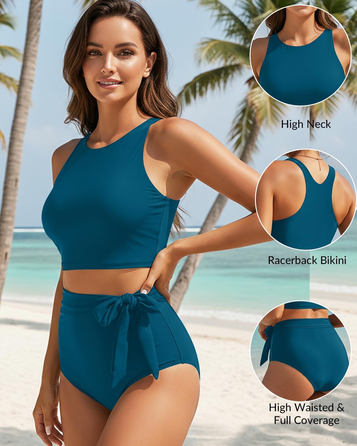 Women High Waisted Bikini Set Racerback Swimsuit Two Piece Bathing Suit High Neck Swimwear Women High Waisted Bikini Set Racerback Swimsuit Two Piece Bathing Suit High Neck Swimwear