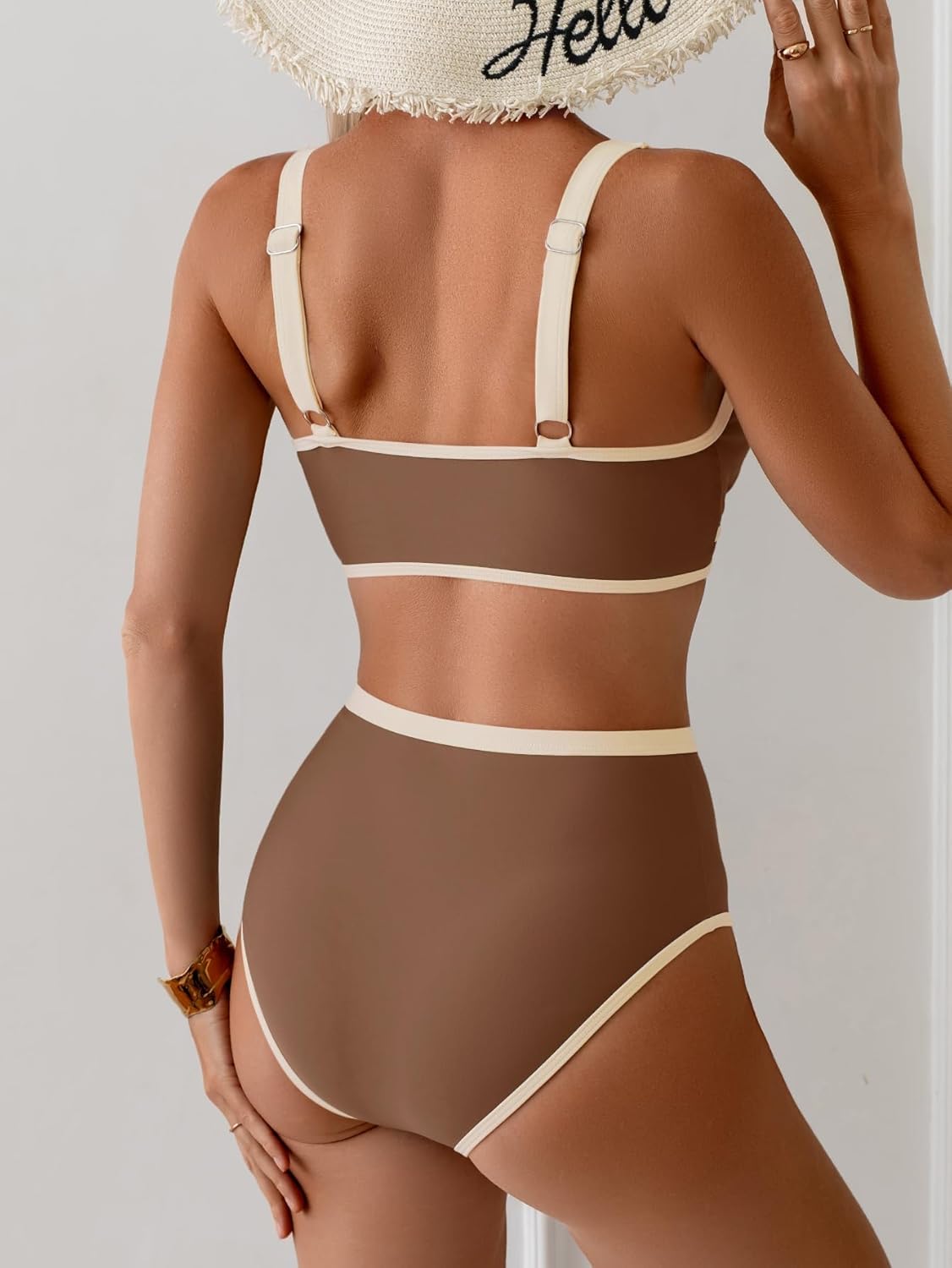 Women's High Waisted Bikini Sets Two Piece Block Triangle Swimsuits Sexy V Neck Bathing Suits