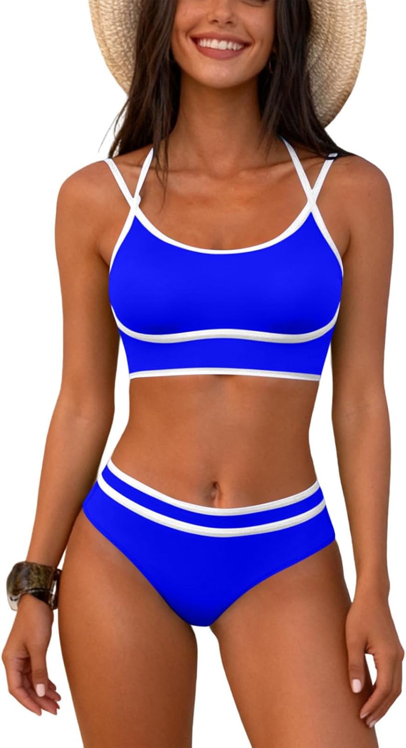 Two Piece Bikini Sets for Women High Waisted Bikini Sets Sporty Swimsuits Block Cheeky High Cut Bathing Suits