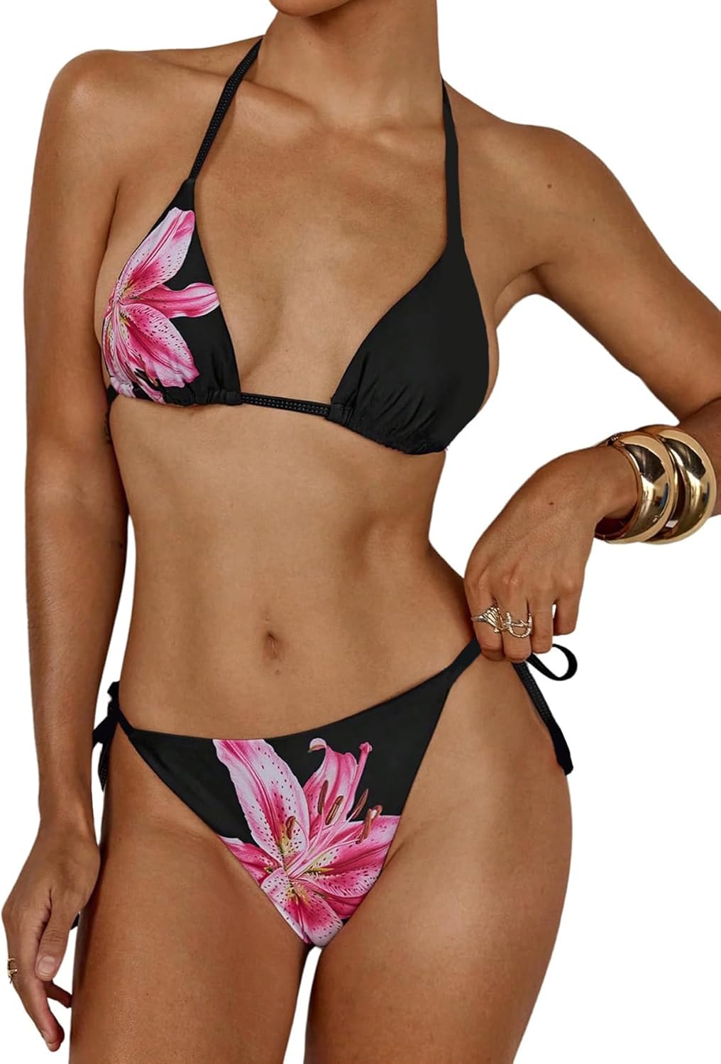 Women's 2-Piece Print Swimsuit Halter Triangle Bikini Top &amp Tie-Side Bottom