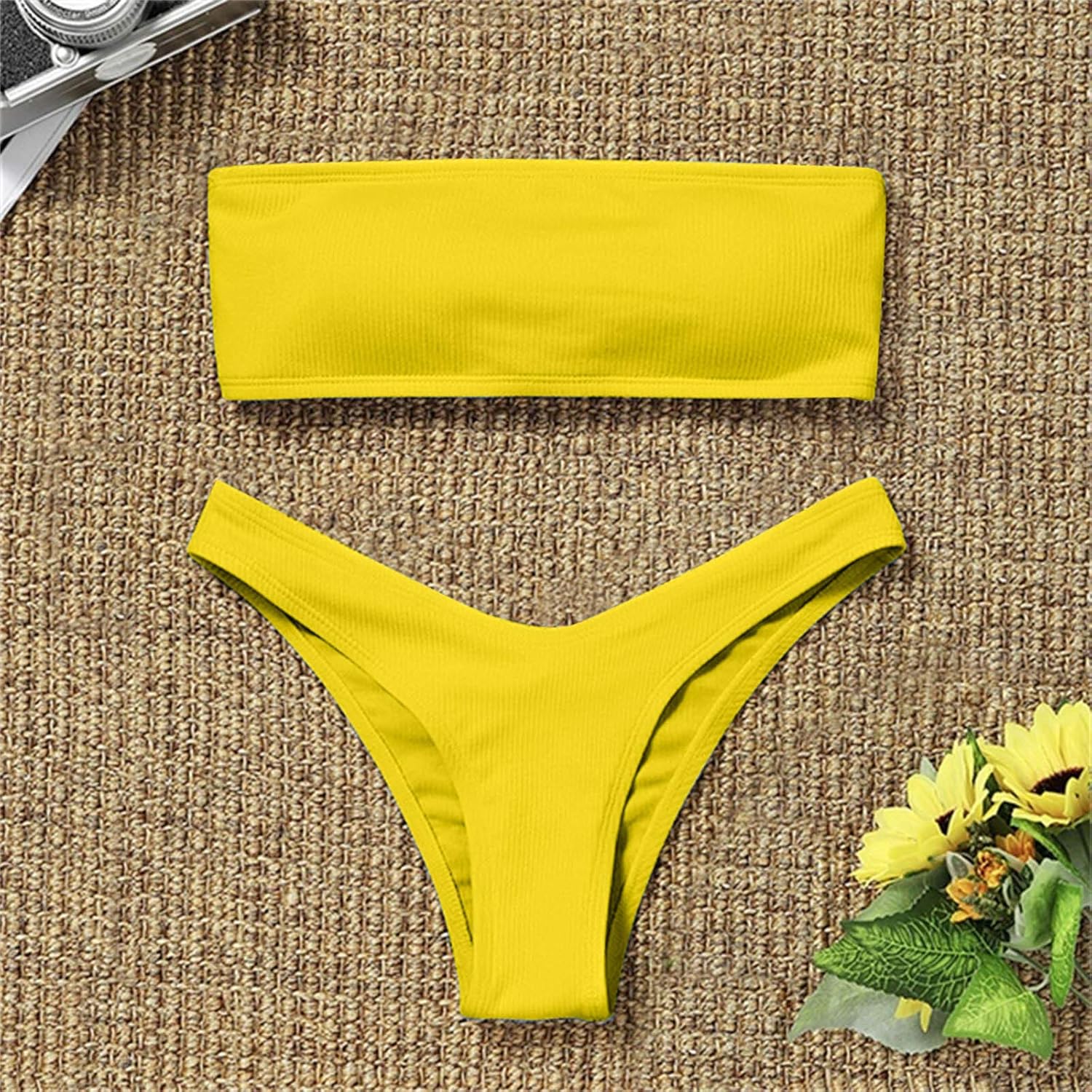 Women's Ribbed Bandeau Bikini Sets Strapless Non Slip Tube Top Two Piece Swimsuits V Cut Thong Cheeky Brazilian Bathing Suits