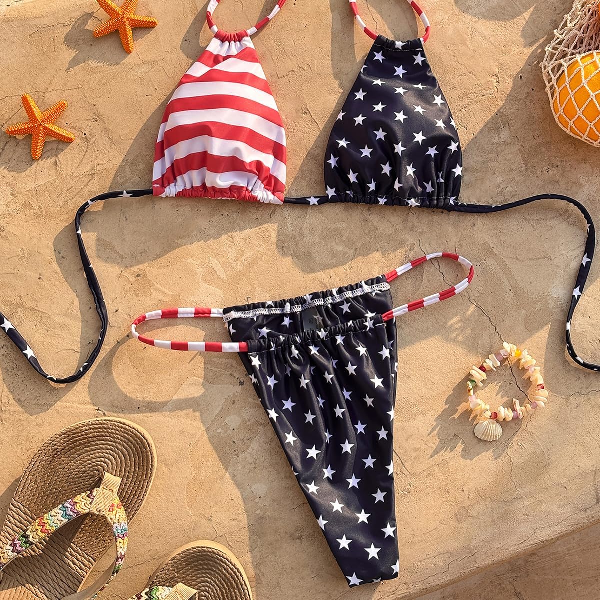 American Flag Bikini and String Halter Swimsuit Cheeky Triangle Thong Bikini Top 4th of July Bathing Suit