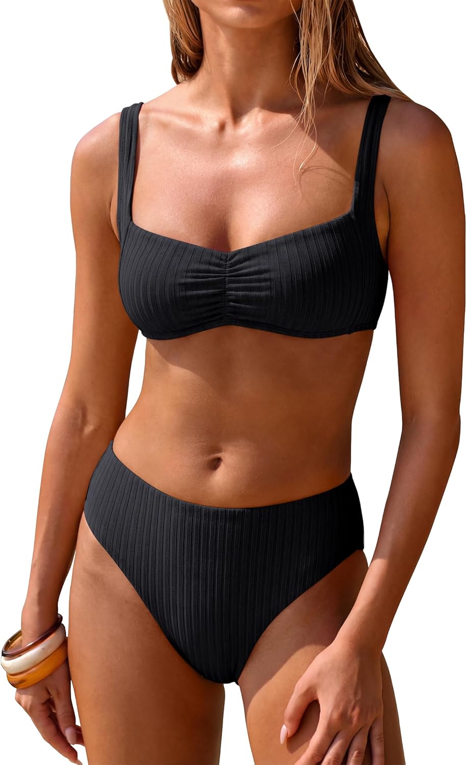 Womens Bikini Sets Two Piece Swimsuit Ribbed Front Ruched Mid Waisted Bathing Suit Block Beach Swimwear