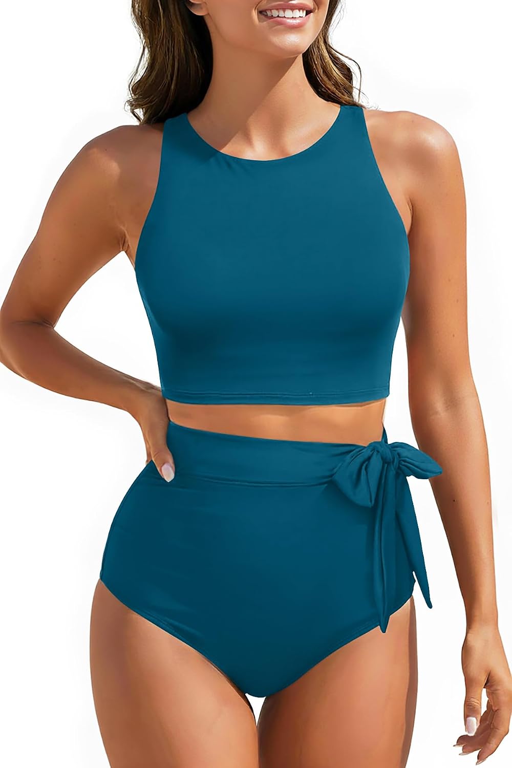 Women High Waisted Bikini Set Racerback Swimsuit Two Piece Bathing Suit High Neck Swimwear