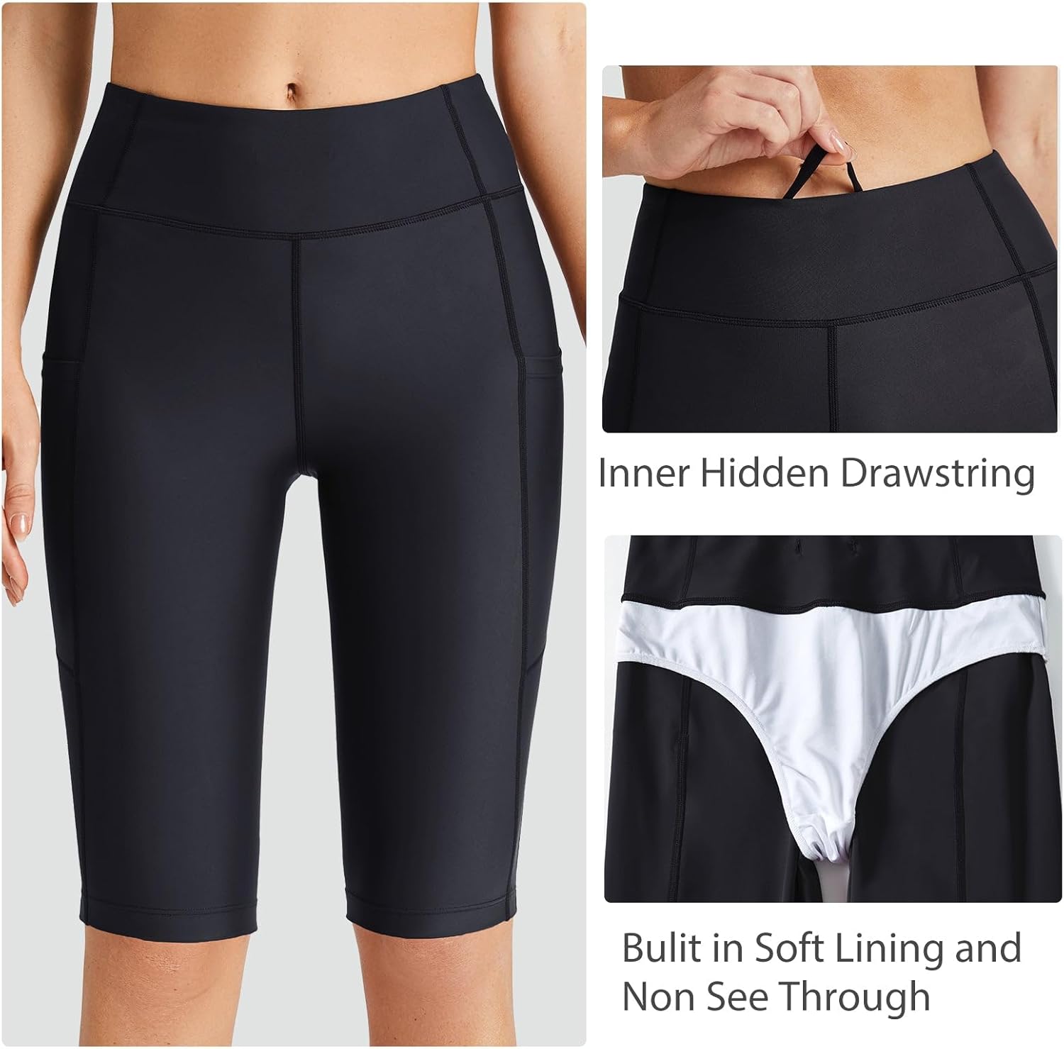 Women' Swim Shorts UPF 50 High Waisted Long Board Shorts with 2 Pockets
